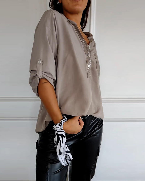 Løs casual topp med paljetter og patchwork