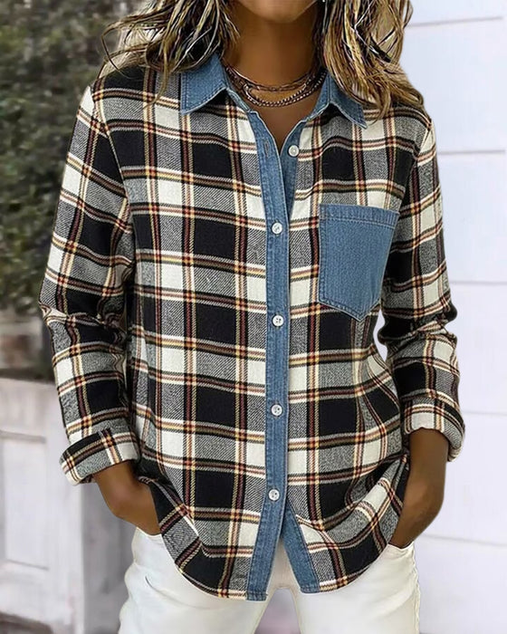 Skjorte Med Rutenmønster, Denimstoff Og Patchworkdesign