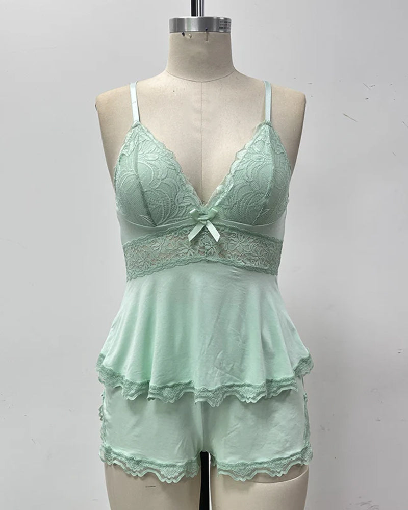 Blondert V-hals Camisole og shorts Nattøy-sett