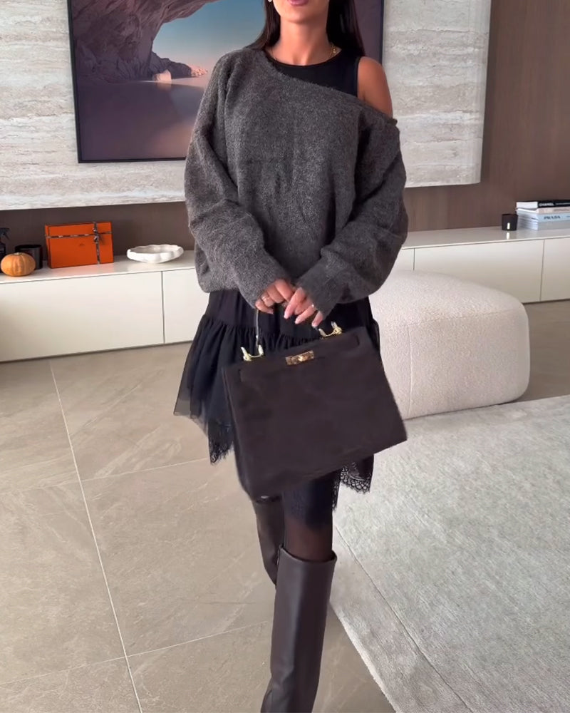 Avskåret Løstsittende Genser & Kniplingskant Kjole