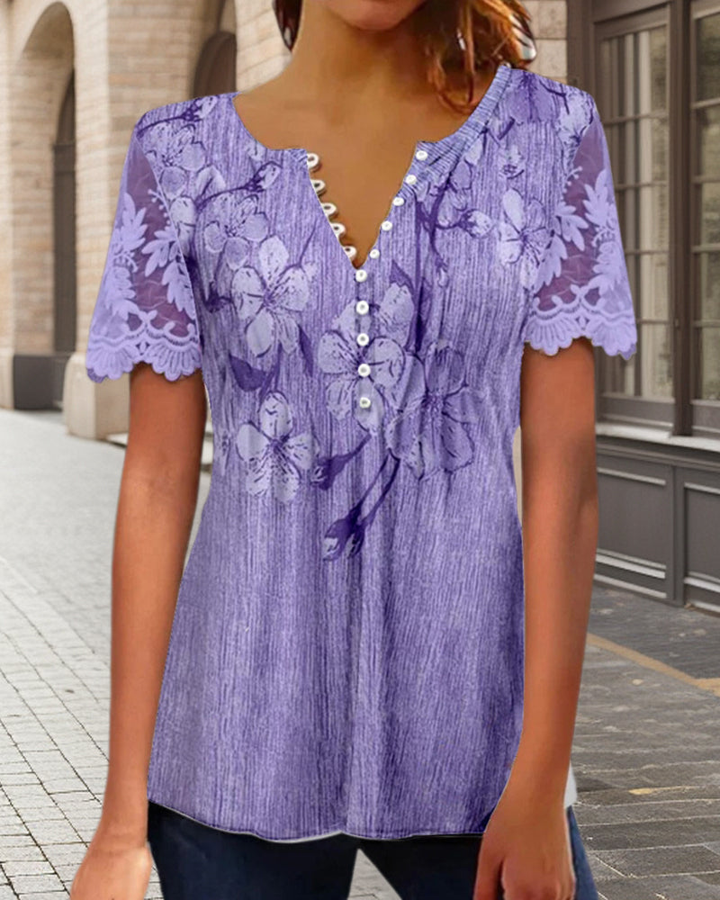 Bluse Med Blondedetalj Rund Hals Trykt