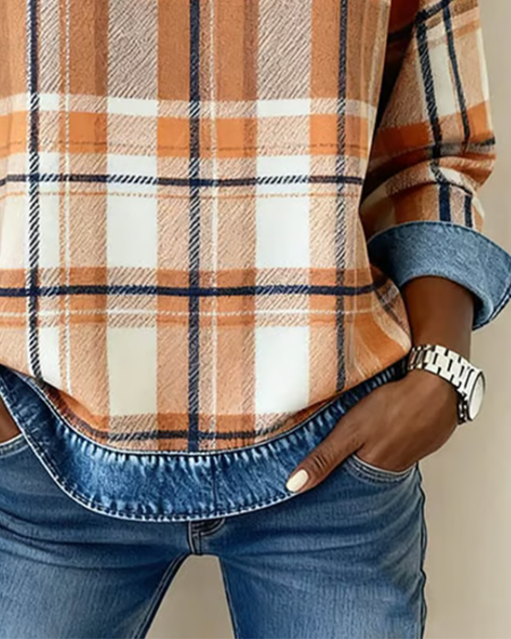 Genser I Denim Med Lappetæktsdetaljer Og Rutemønster