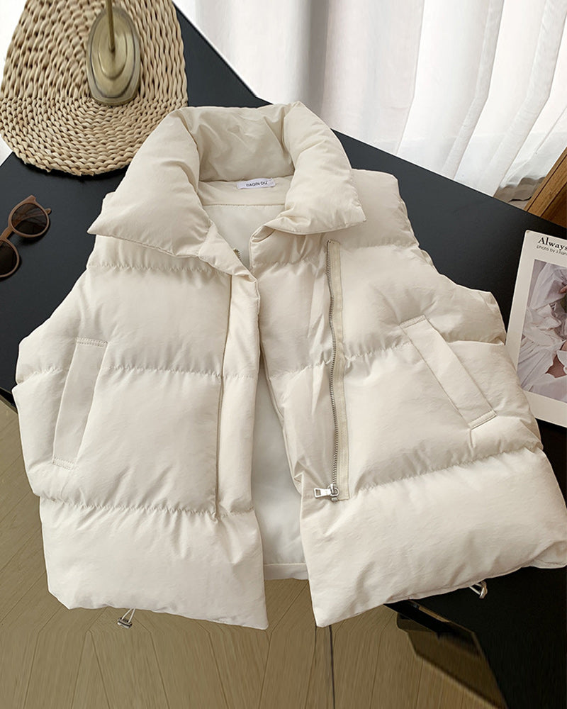 Enkel ensfarget glidelåslomme ermeløs polstret jakke