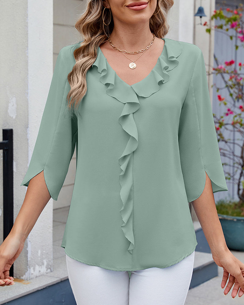 Bluse Halvermet Volanger Ensfarget Avslappet