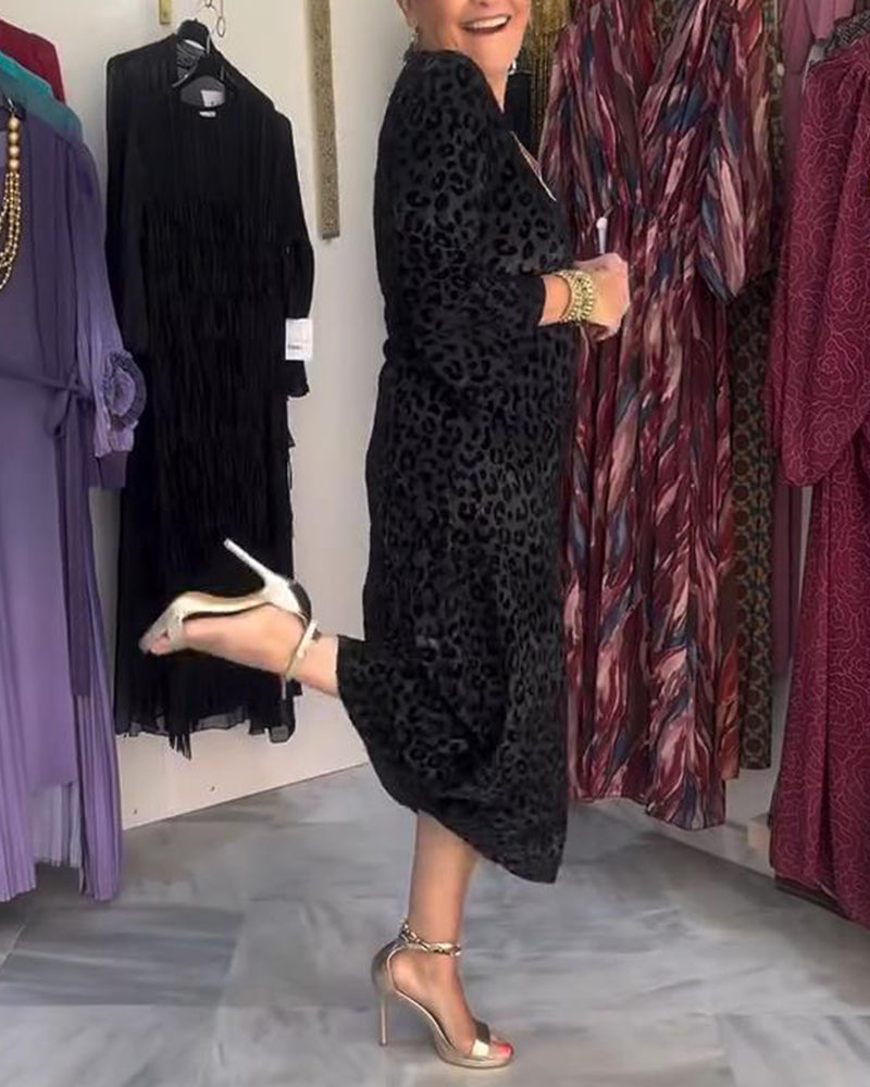 Kjole Kontrastfarge V-Hals Leopardmønster