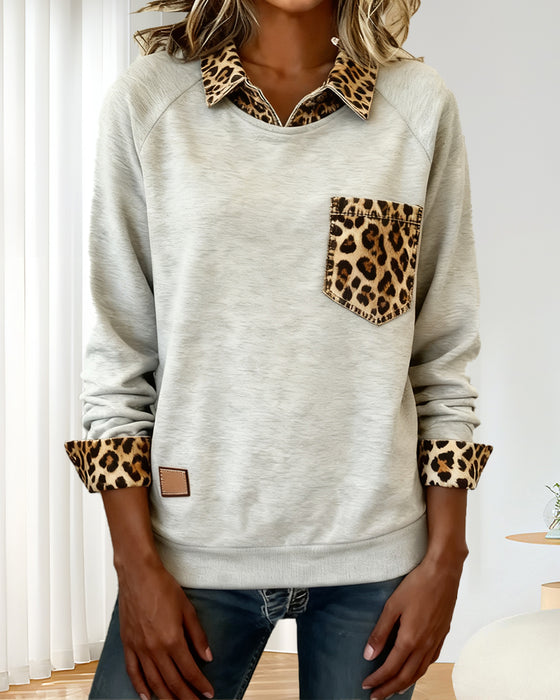 Langermet sweatshirt med revers og leopardprint