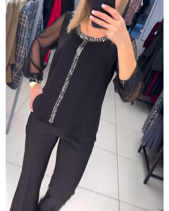 Bluse Med Paljettpanel Og Lange Ermer