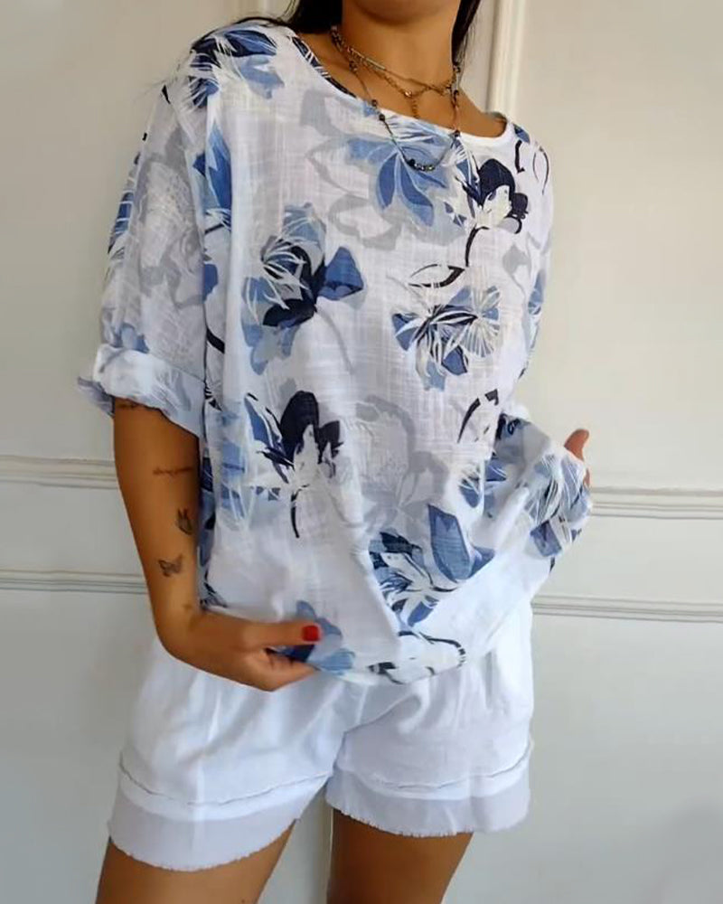 Bluse Rund Hals Langermet Trykket