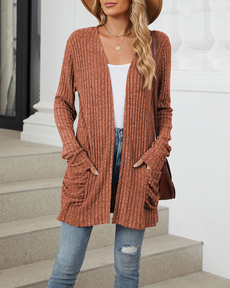 Uformell ensfarget cardigan med lang ermet lomme