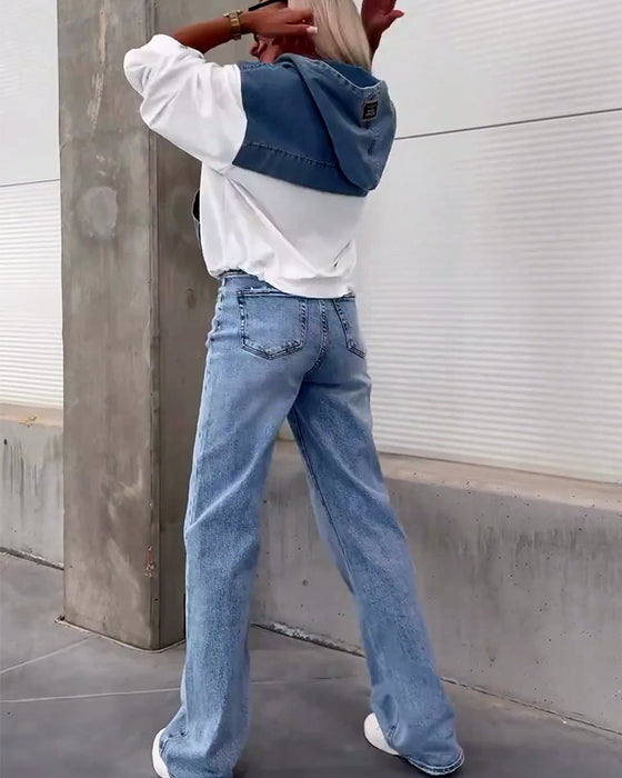 Uformell hettegenser med patchwork i denim med glidelås