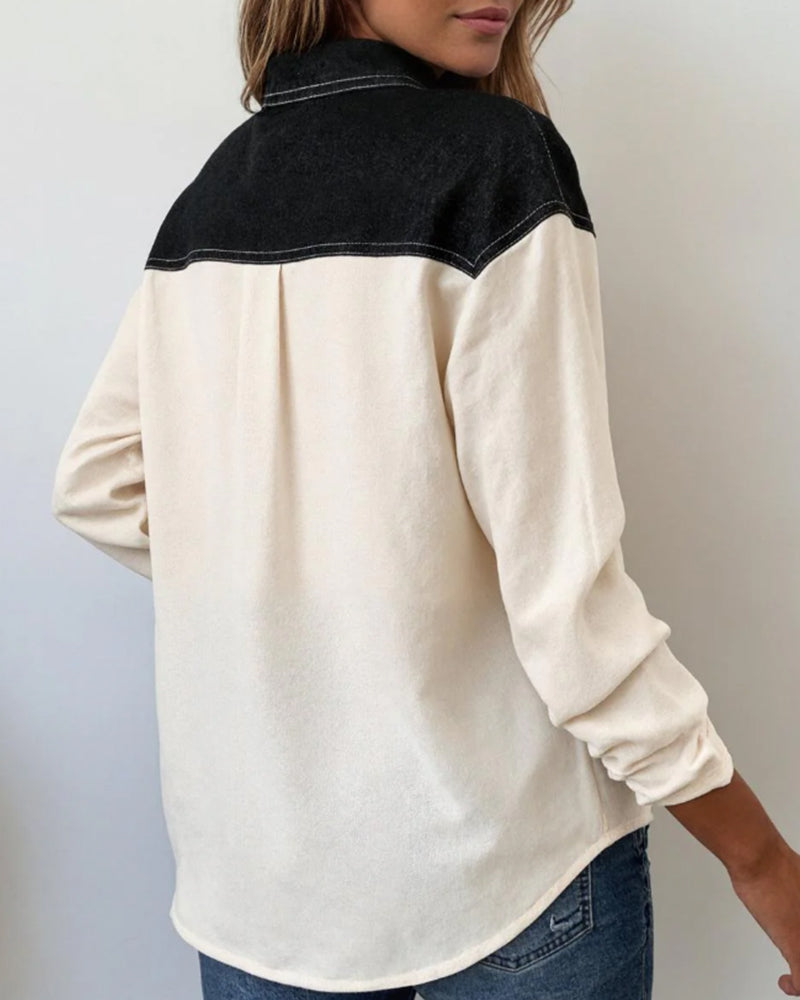 Bluse casual lapel denim patchwork