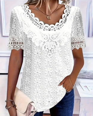 Bluse Rund Hals Blonder Heklet Kortermet