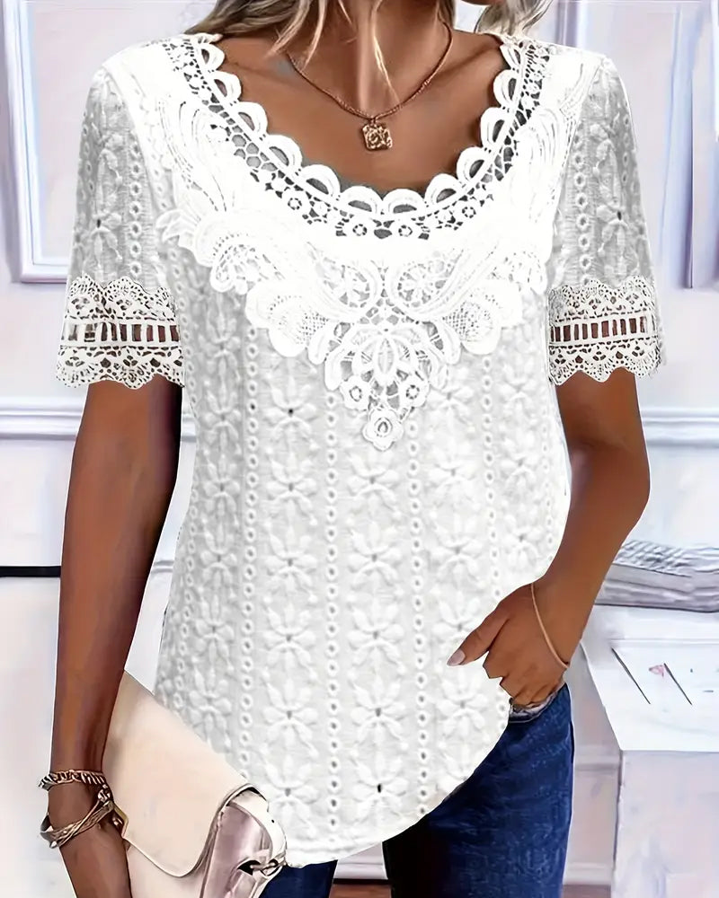Bluse Rund Hals Blonder Heklet Kortermet