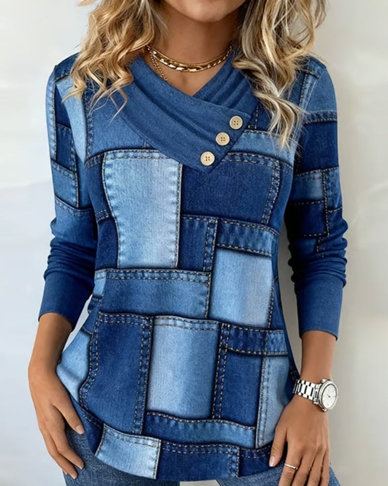 Langermet Topp Med V-Hals Og Kontrast I Helfarge