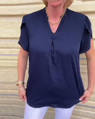 Bluse Ensfarget V-Hals Plissert Allsidig