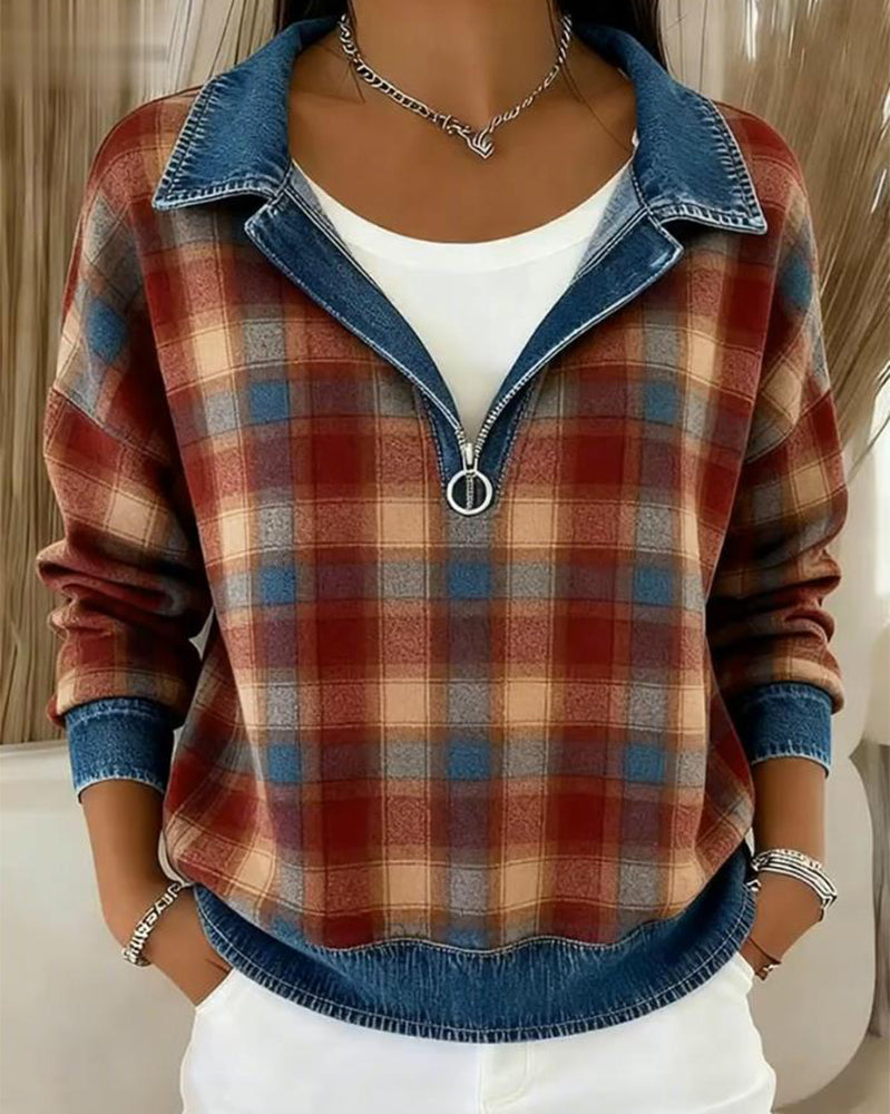 Kvinne Kausal Genser Med Krage Design, Denim Stoff, Patchworkdetalj, Rutenmønster Trykk Och Pullover Stil
