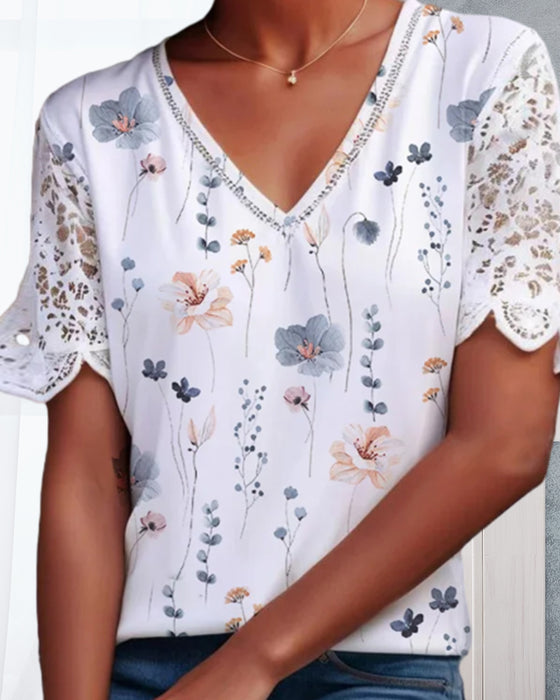 Bluse med lace-patch og trykk