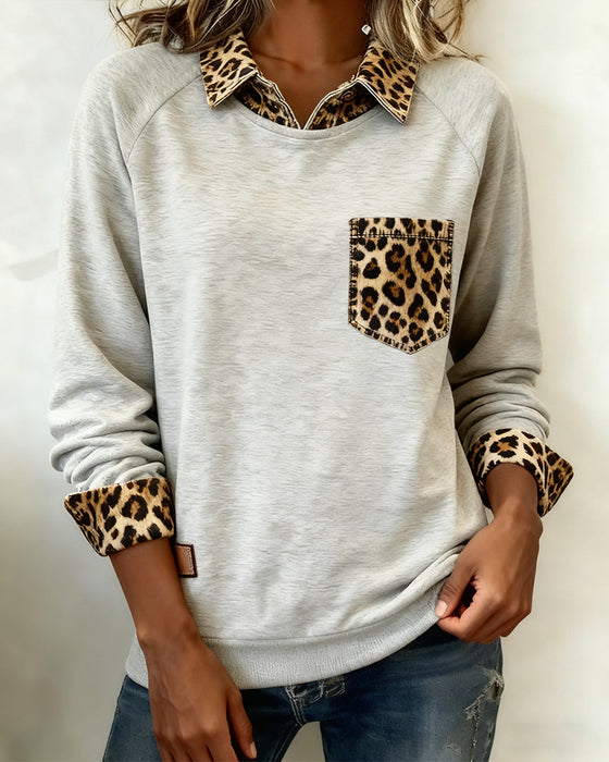 Langermet sweatshirt med revers og leopardprint