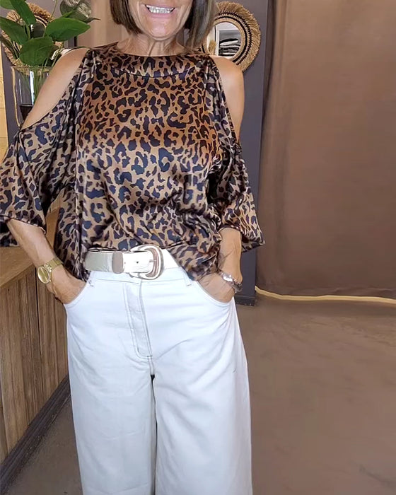 Bluse Med Bånd Over Skuldrene Leopardmønster