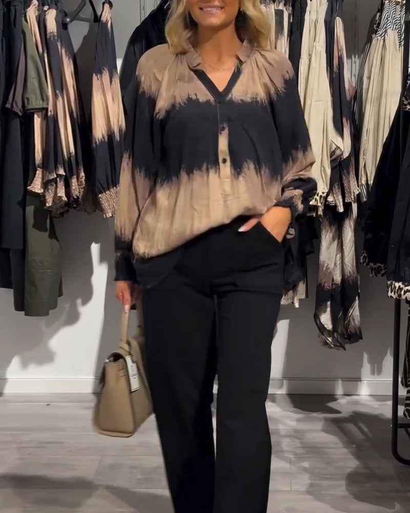 Vintage colorblock bluse med V-halsknapp