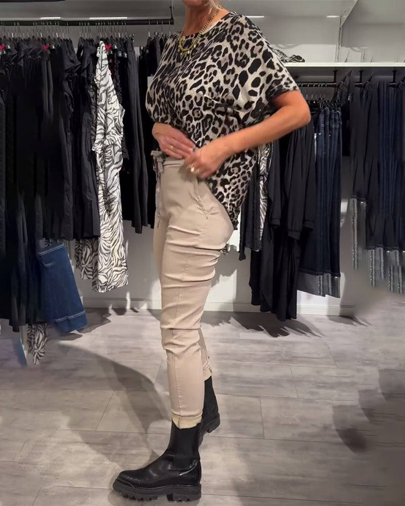 Bluse Rund Hals Leopardprint Korte Ermer