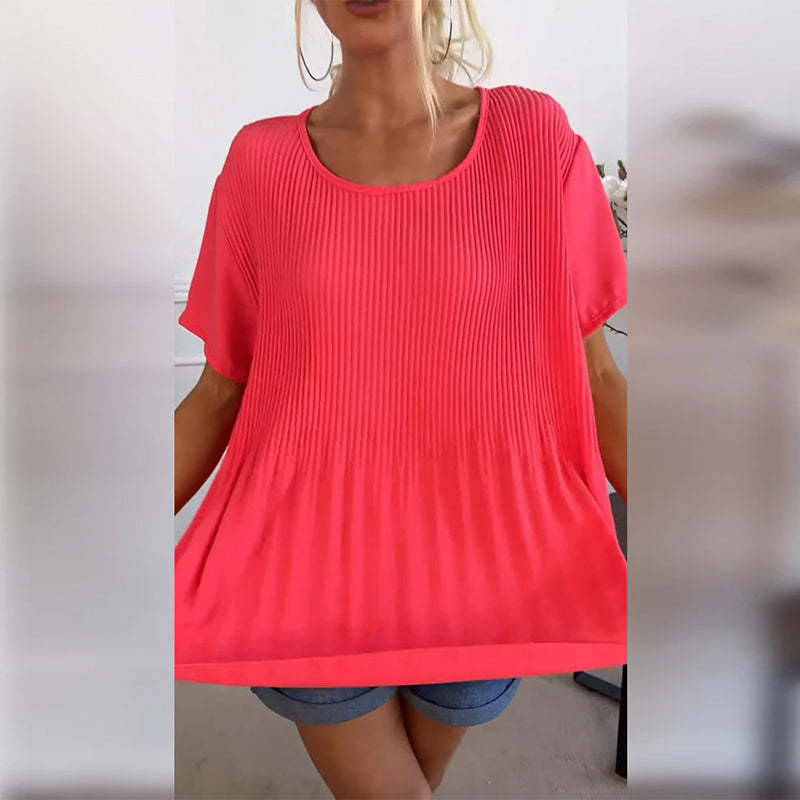 Ensfarget plissert bluse med rund hals