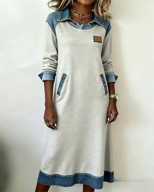 Uformell Kjole Med Slag I Denim-Patchwork