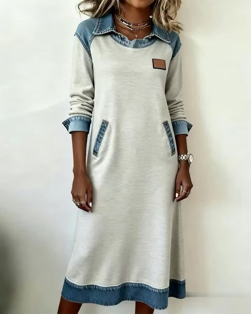 Uformell Kjole Med Slag I Denim-Patchwork