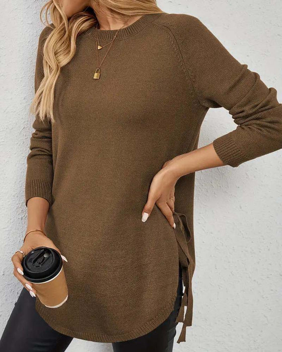 Helfarget Pullover Med Rund Hals Og Splitt