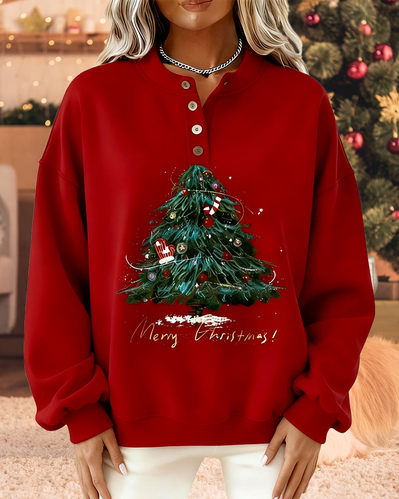 Sweatshirt Med Juletretrykk Og Rund Hals