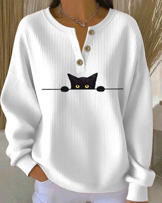 Knappet Casual Sweatshirt Med Trykte Striper