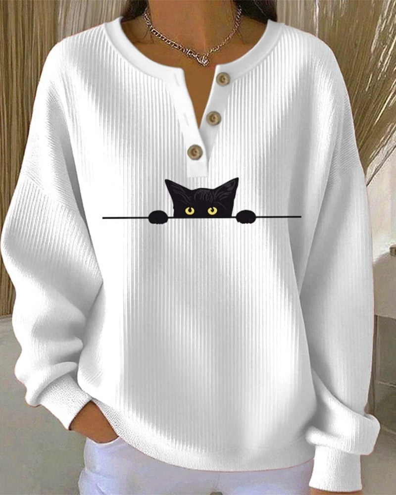 Knappet Casual Sweatshirt Med Trykte Striper