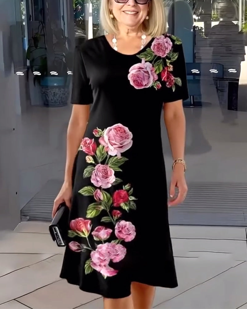 Kjole Korte Ermer Roseprint Shift