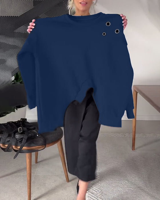 Ensfarget casual genser med rund hals og splitt