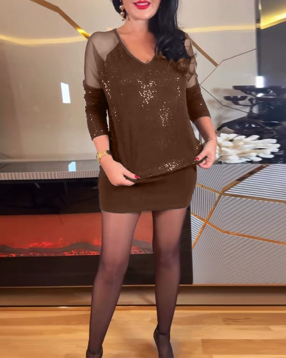 Topp sexy v-hals mesh og ensfarget paljett