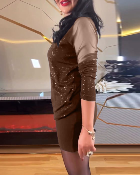 Topp sexy v-hals mesh og ensfarget paljett