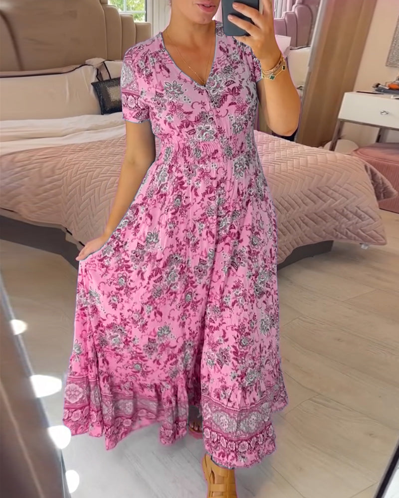 V-hals kjole med blomstertrykk