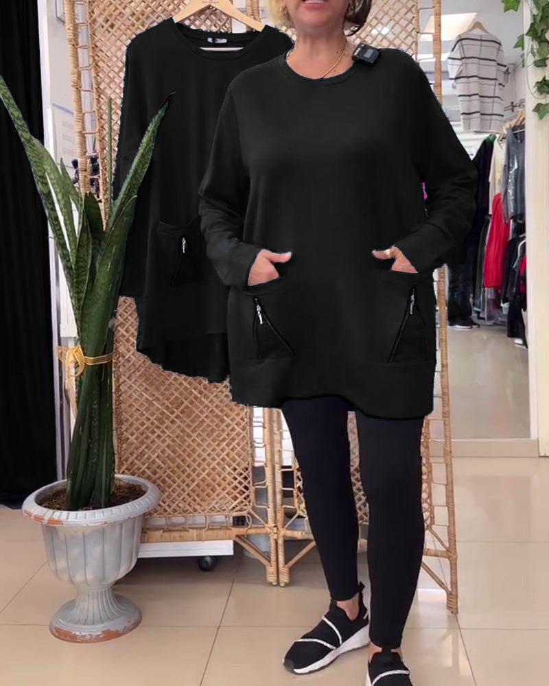 Genser med rund hals ensfarget glidelåslomme