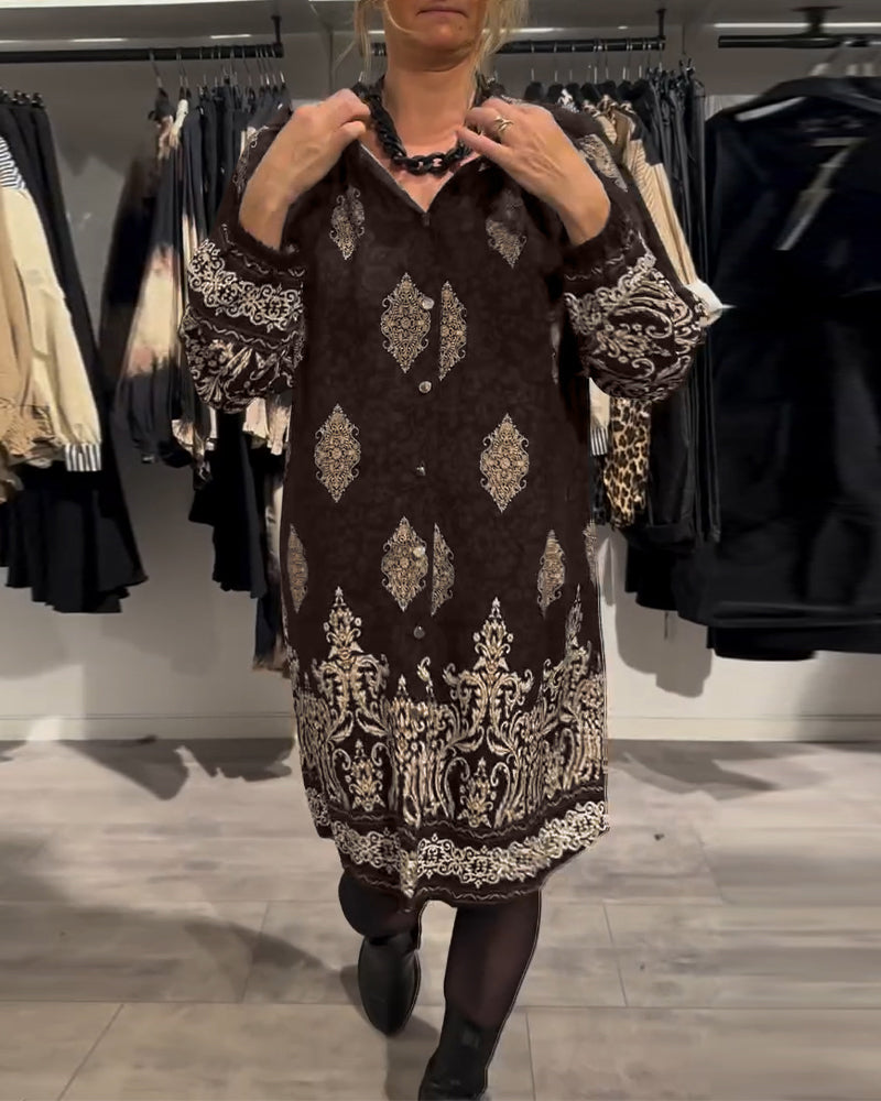 Kjole med knapp-down vintage print