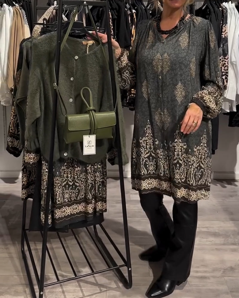 Kjole med knapp-down vintage print