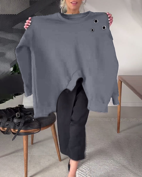 Ensfarget casual genser med rund hals og splitt