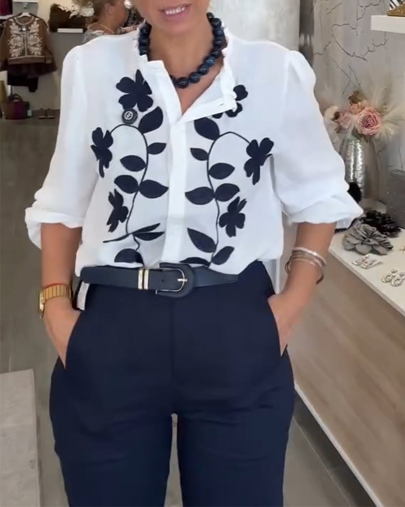 Bluse Stilig Blomstertrykk Rysj