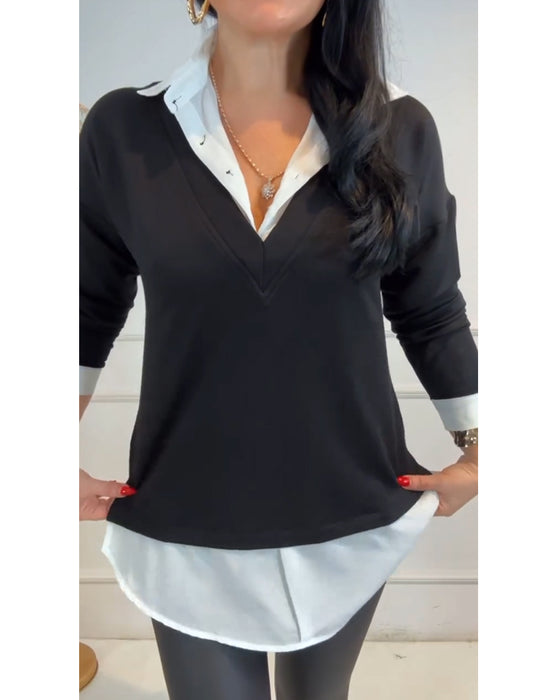 Topp Svart Og Hvit Patchwork Krage