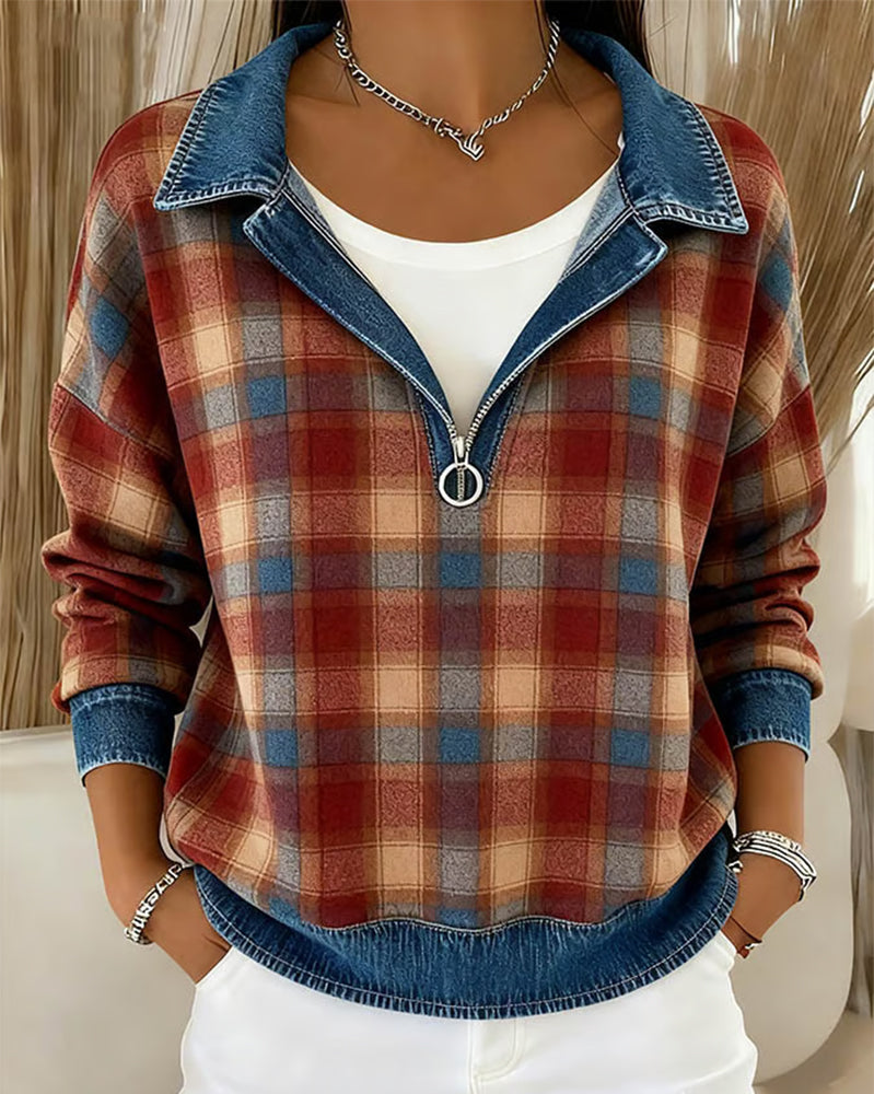 Kvinne Kausal Genser Med Krage Design, Denim Stoff, Patchworkdetalj, Rutenmønster Trykk Och Pullover Stil
