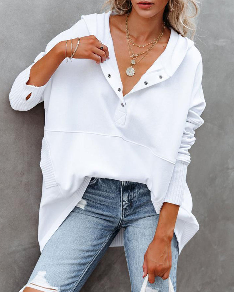 Sweatshirt casual v-hals hette ensfarget løs