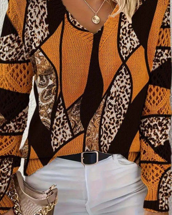 Pullover Med V-Hals Og Hull-Leopardtrykk