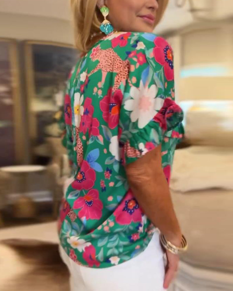 Bluse Med V-Hals Blomstermønster Korte Ermer