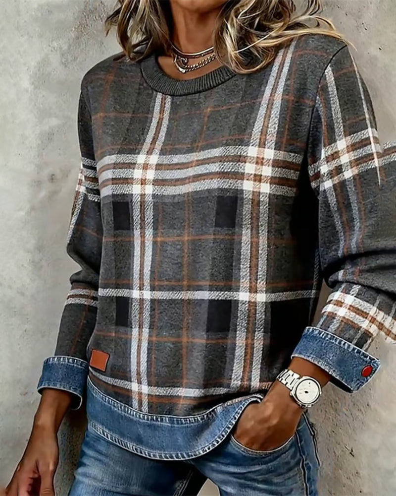 Swearshirt Med Rutemønstret Denim-Lappverk