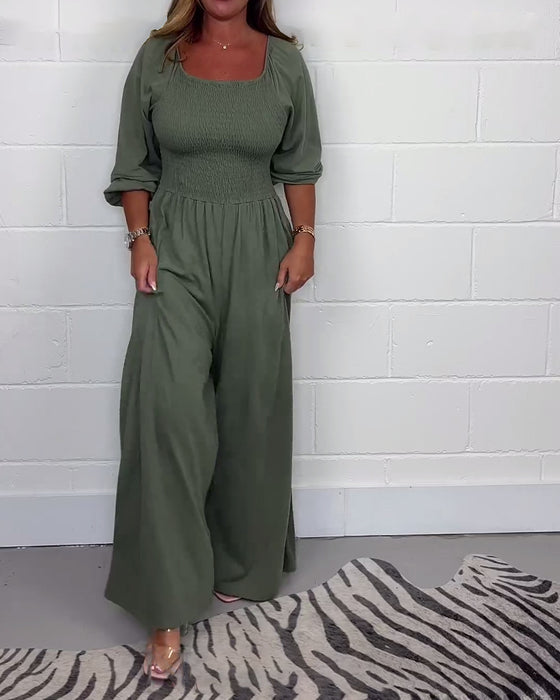 Ensfarget jumpsuit med firkantet hals