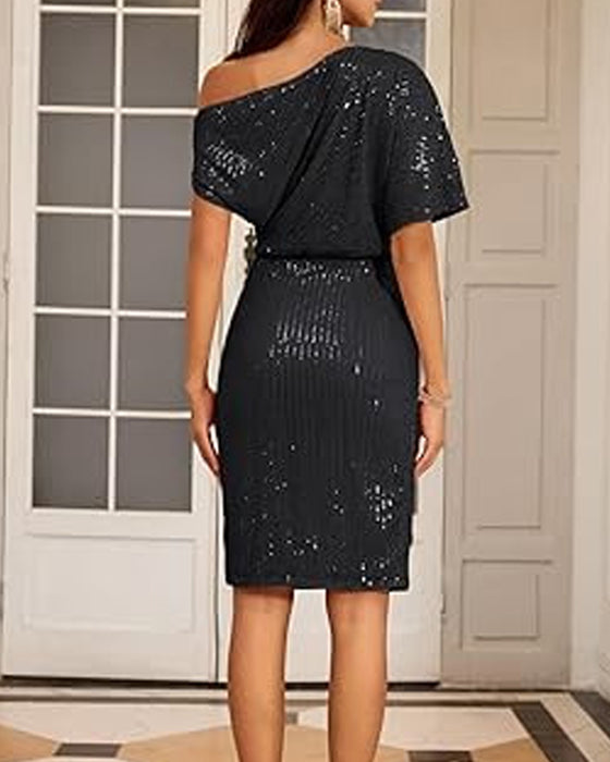 Elegant kjole med V-hals off-shoulder paljett